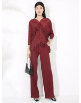 HEYFANCYSTYLE Women's Pleated Crepe Tailored Wide-Leg Pantsuit with Fringed Trim